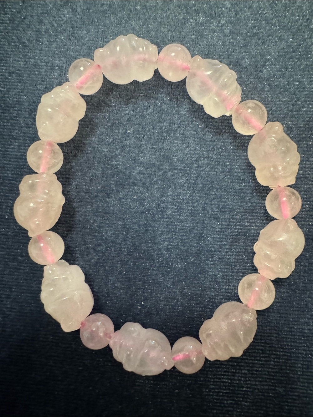 Rose quartz carved beads teddy bear mouse kitty shape pink stretch bracelet